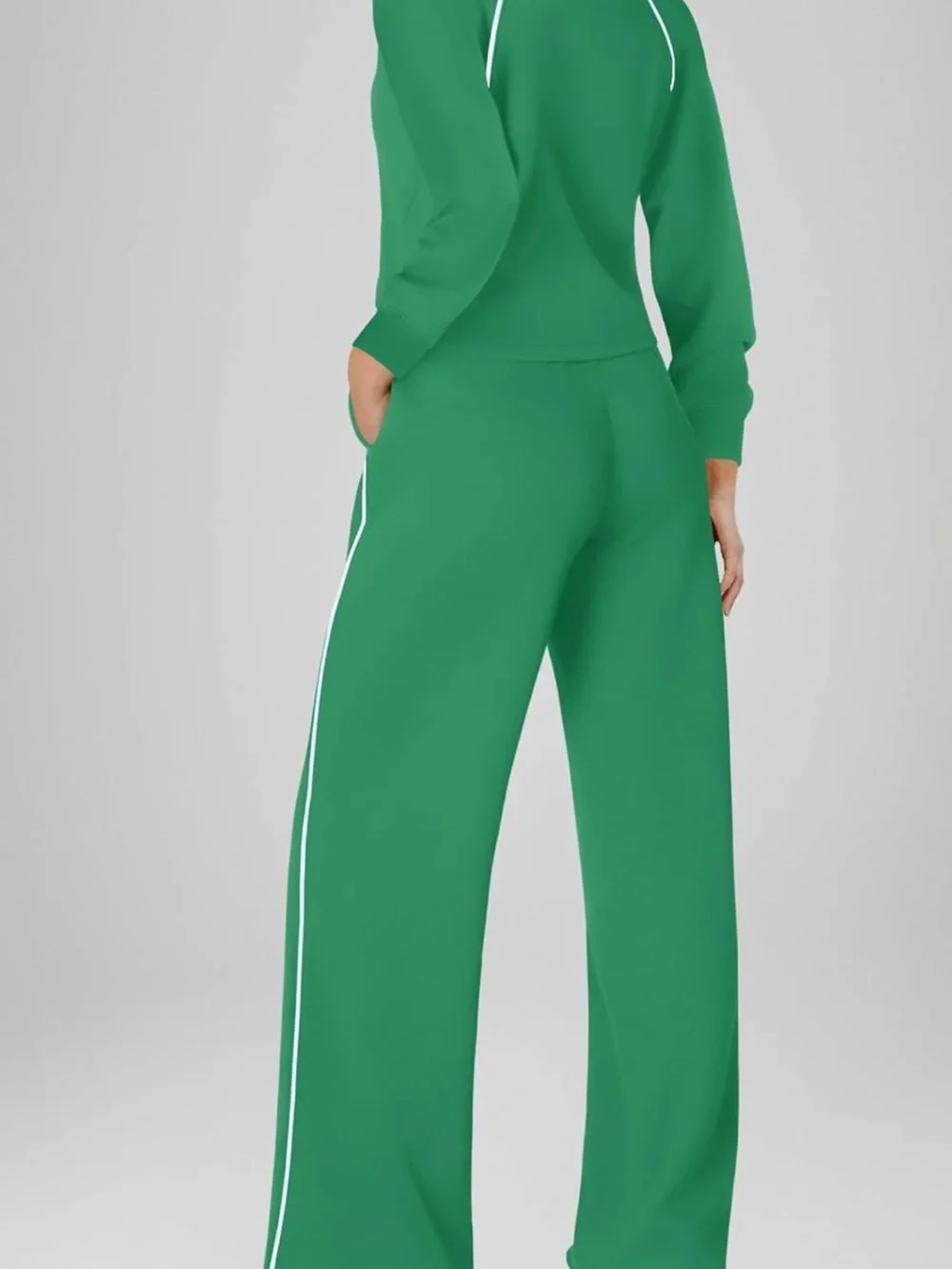 Green Wide-Leg Zip-Neck Jumpsuit with White Piping easy potty feature 💚 - Picture 3 of 7